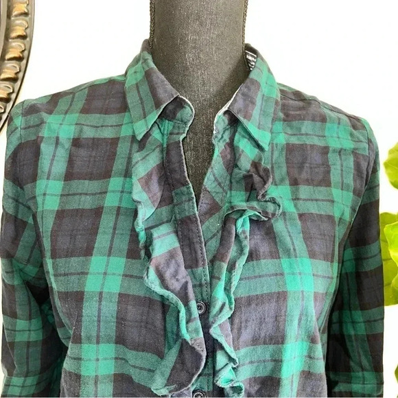 Tommy Hilfiger Women’s TarTan Green Plaid Ruffle Front Slit Neck Blouse … - Picture 7 of 16
